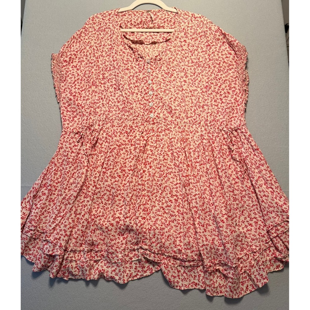Free People Floral Babydoll Mini Dress Tunic Red Cream Boho Women Size Large